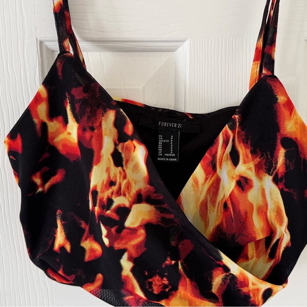 Forever 21 cropped Black Cami with Orange and Yellow Flame Design